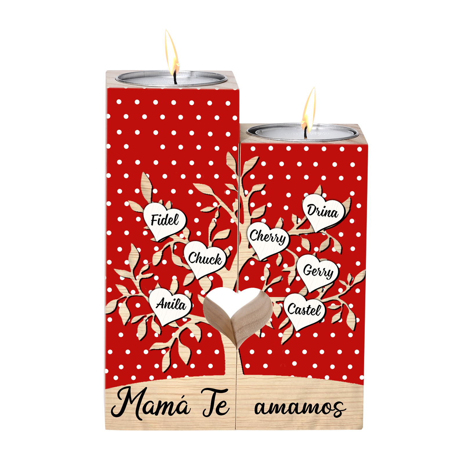 A la familia-Candelero de árbol de la vida de madera personalizado con 3-8 nombres y 1 texto sin vela-Jessemade ES