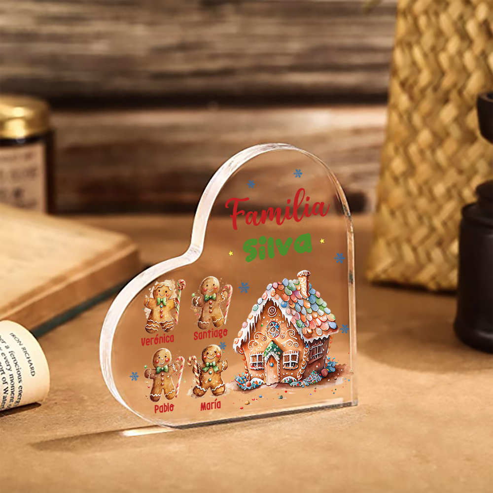 Navidad - Placa de acrílico en forma de corazón jengibres y su casa con 4 nombres y 1 texto personalizados-Jessemade ES