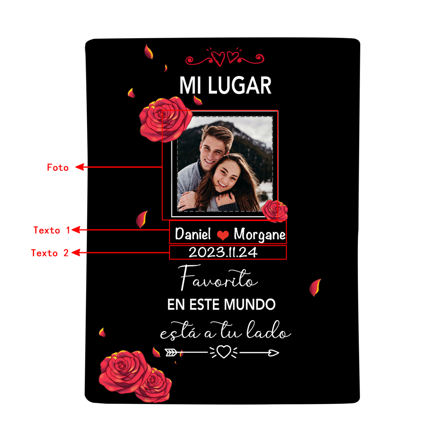 Pareja-Manta de buen calidad de foto personalizada con nombres y fecha-Jessemade ES