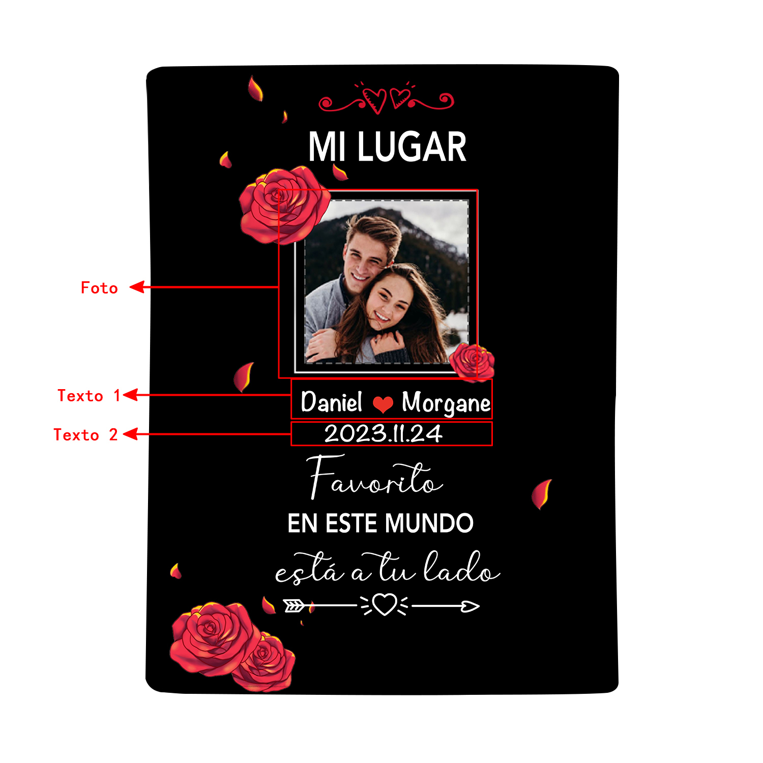 Pareja-Manta de buen calidad de foto personalizada con nombres y fecha-Jessemade ES