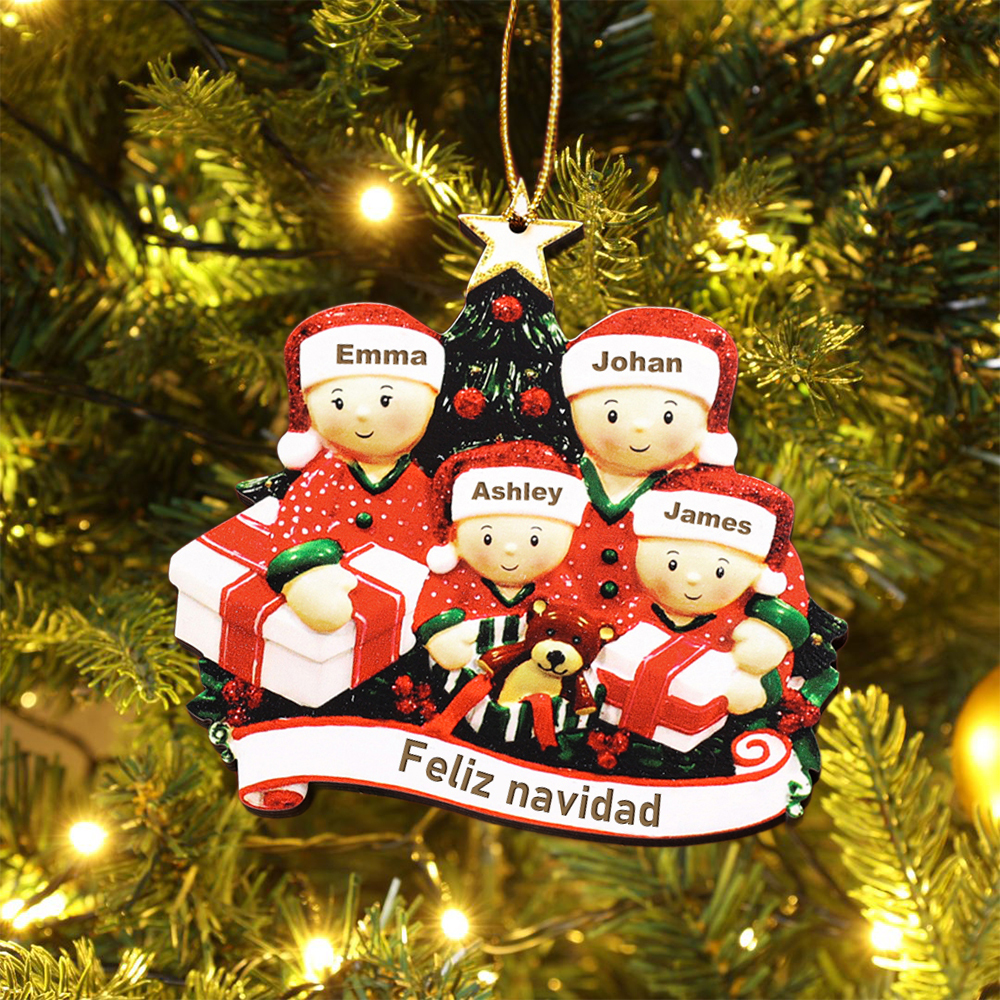 Navidad-Ornamentos de resina muñecos navideños familia y regalos 4 nombres personalizados con texto adorno de árbol