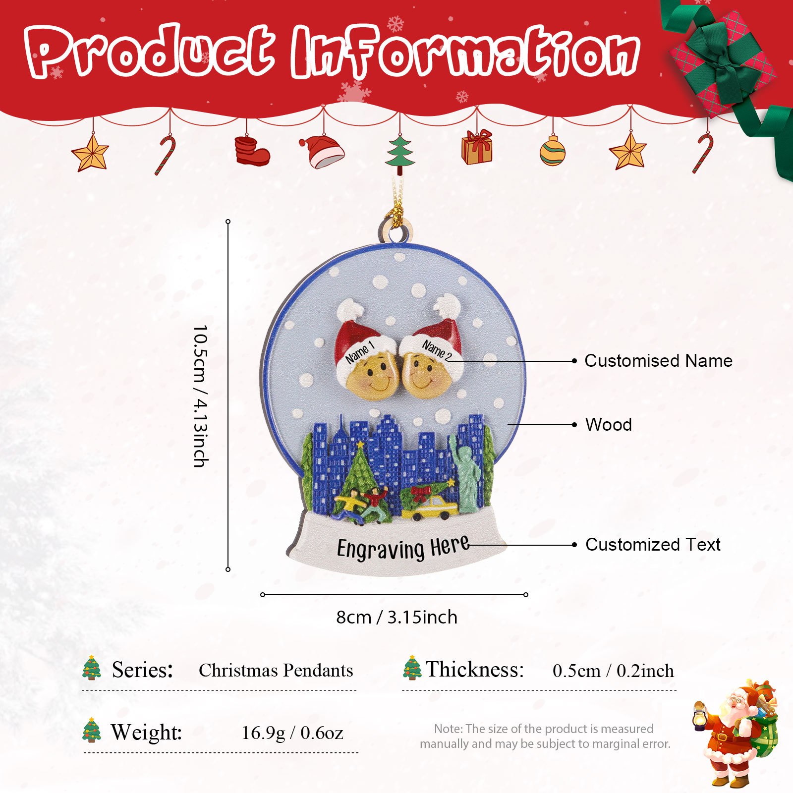 Navidad-Ornamentos Navideños de Madera Bola de cristal 2 Nombres con Texto Personalizados