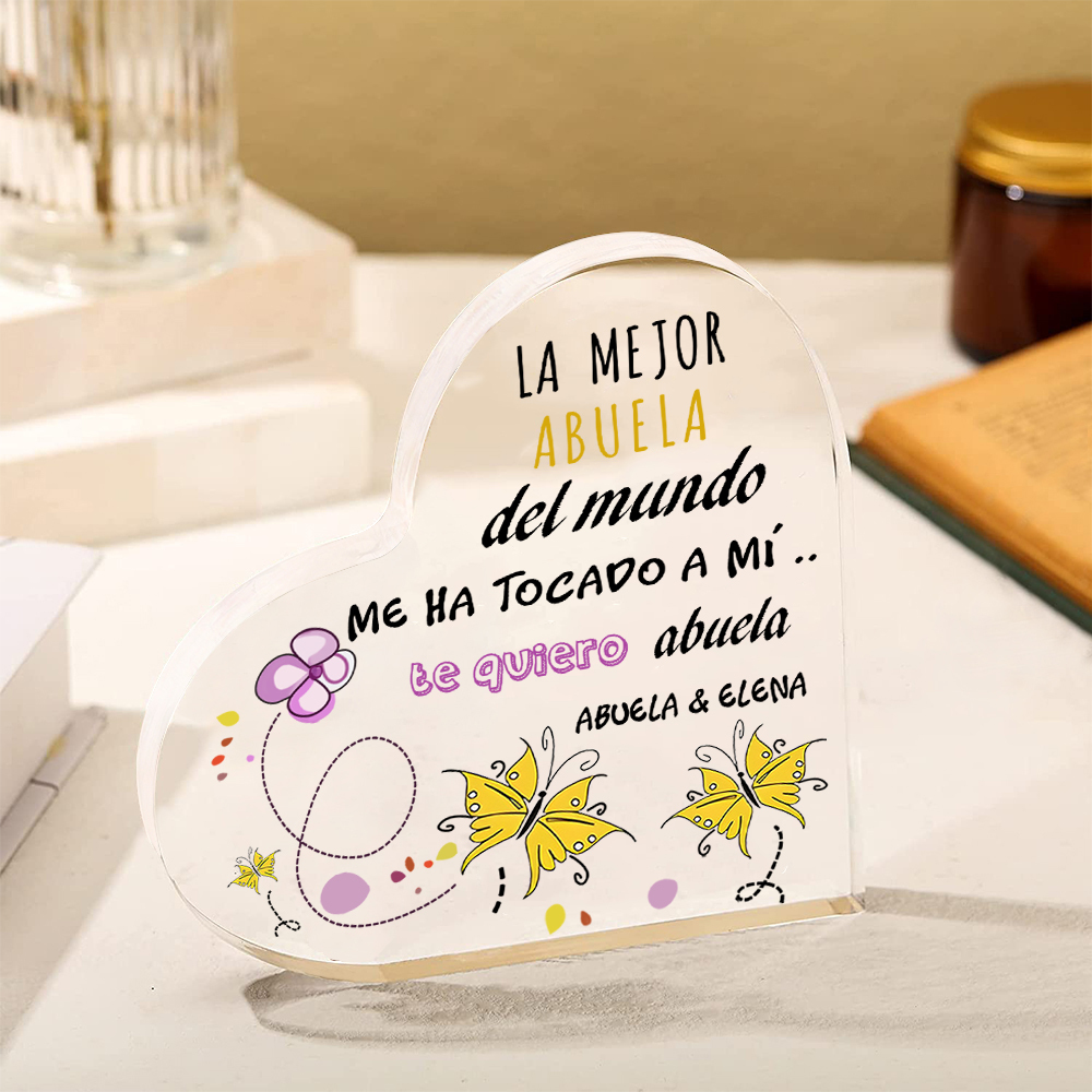 Abuela - Placa de acrílico en forma de corazón mariposas 2 nombres personalizados-Jessemade ES