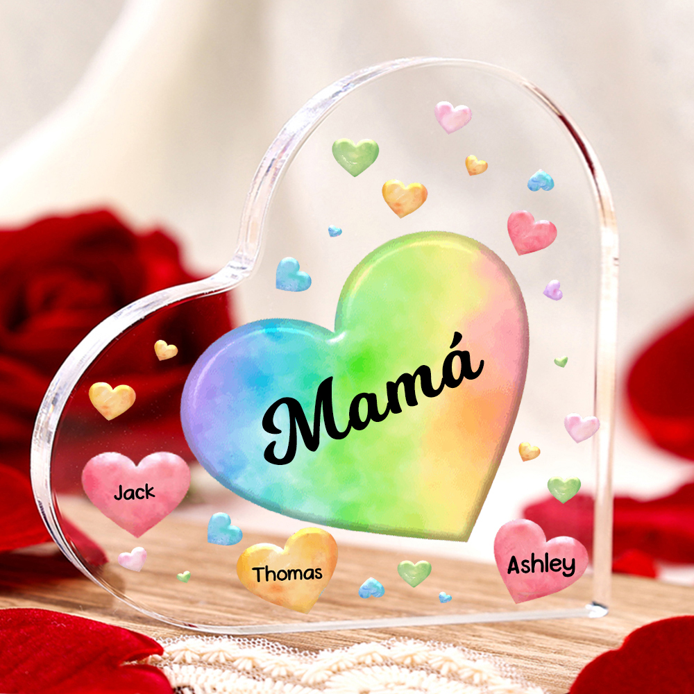A mi mamá/abuela-Placa de acrílico "Corazones" en forma de corazón 3 nombres y 1 texto personalizados-Jessemade ES