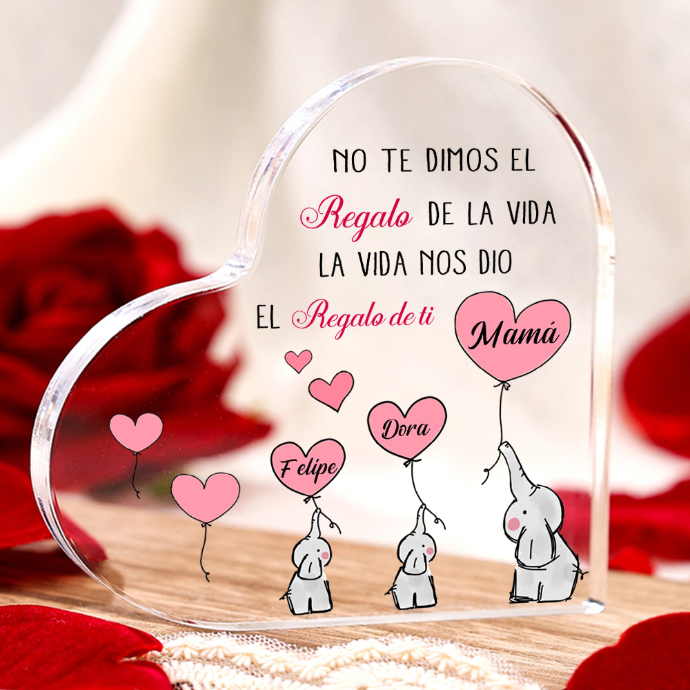 A mi mamá/abuela-Placa de acrílico en forma de corazón elefantes 2-5 nombres personalizados-Jessemade ES