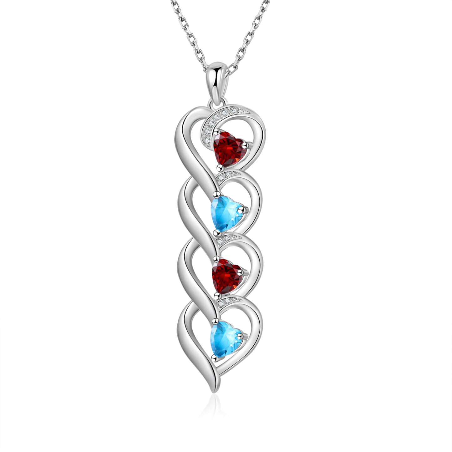 Collar de cuatro corazones con 4 nombres y piedras de nacimiento personalizados-Jessemade ES