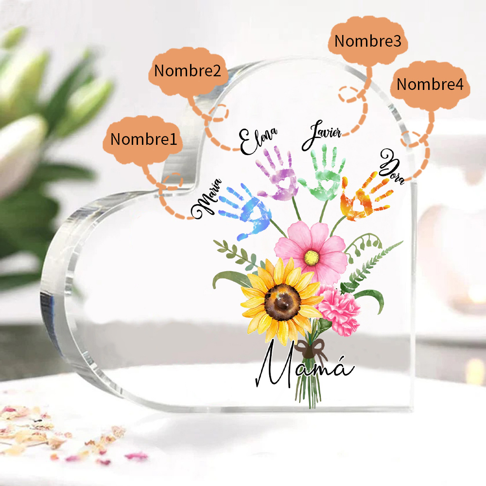 A mi mamá-Placa de acrílico en forma de corazón flor y manitas 1-5 nombres personalizados-Jessemade ES