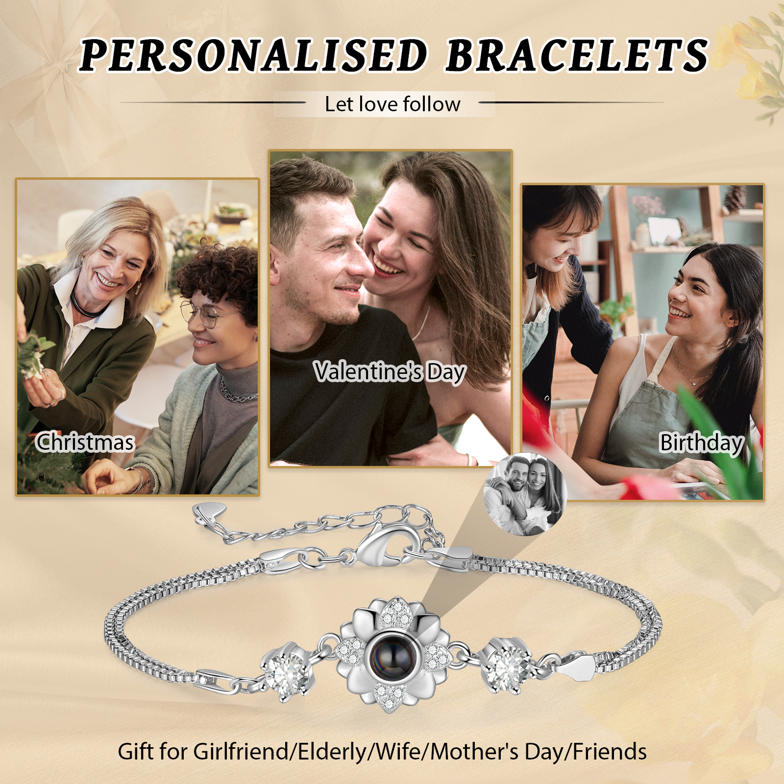 Pulsera con proyección de foto con dije de flor-Jessemade ES