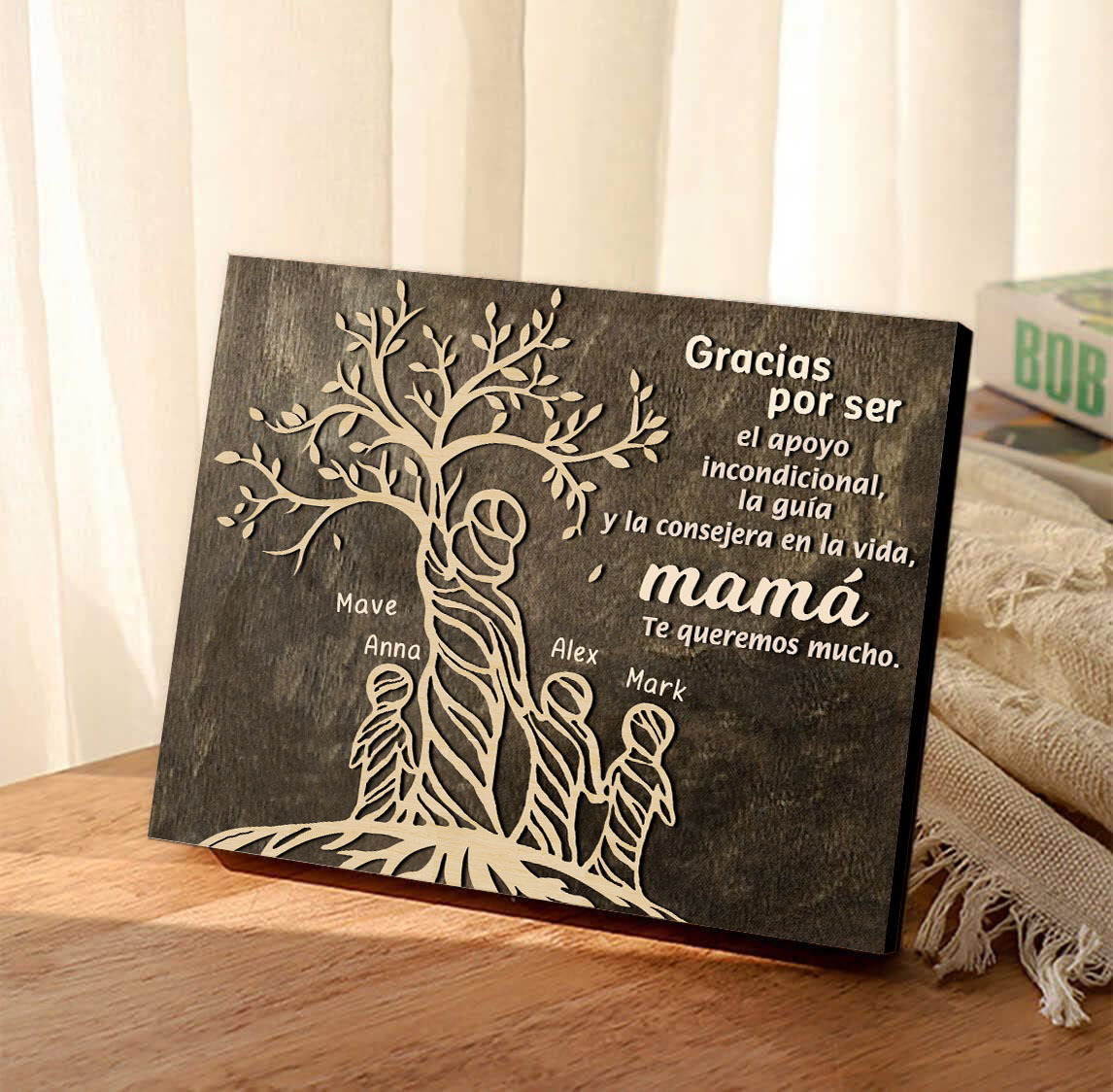 A mi mamá-Lámina mujer de árbol marco de madera personalizado con 4 nombres-Jessemade ES
