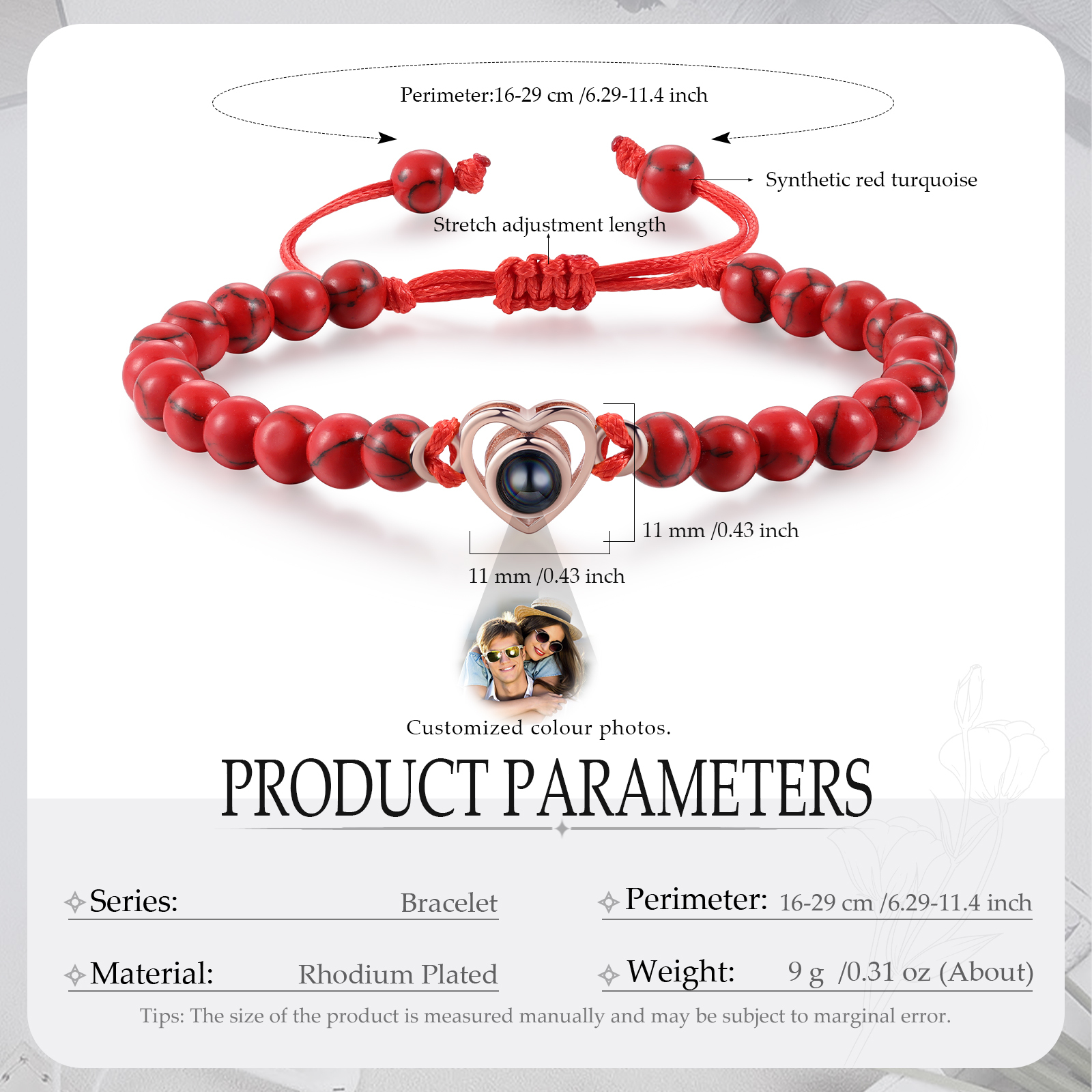 Pulsera de turquesa roja sintética con proyección de foto en color con dije de corazón pulsera ajustable-Jessemade ES