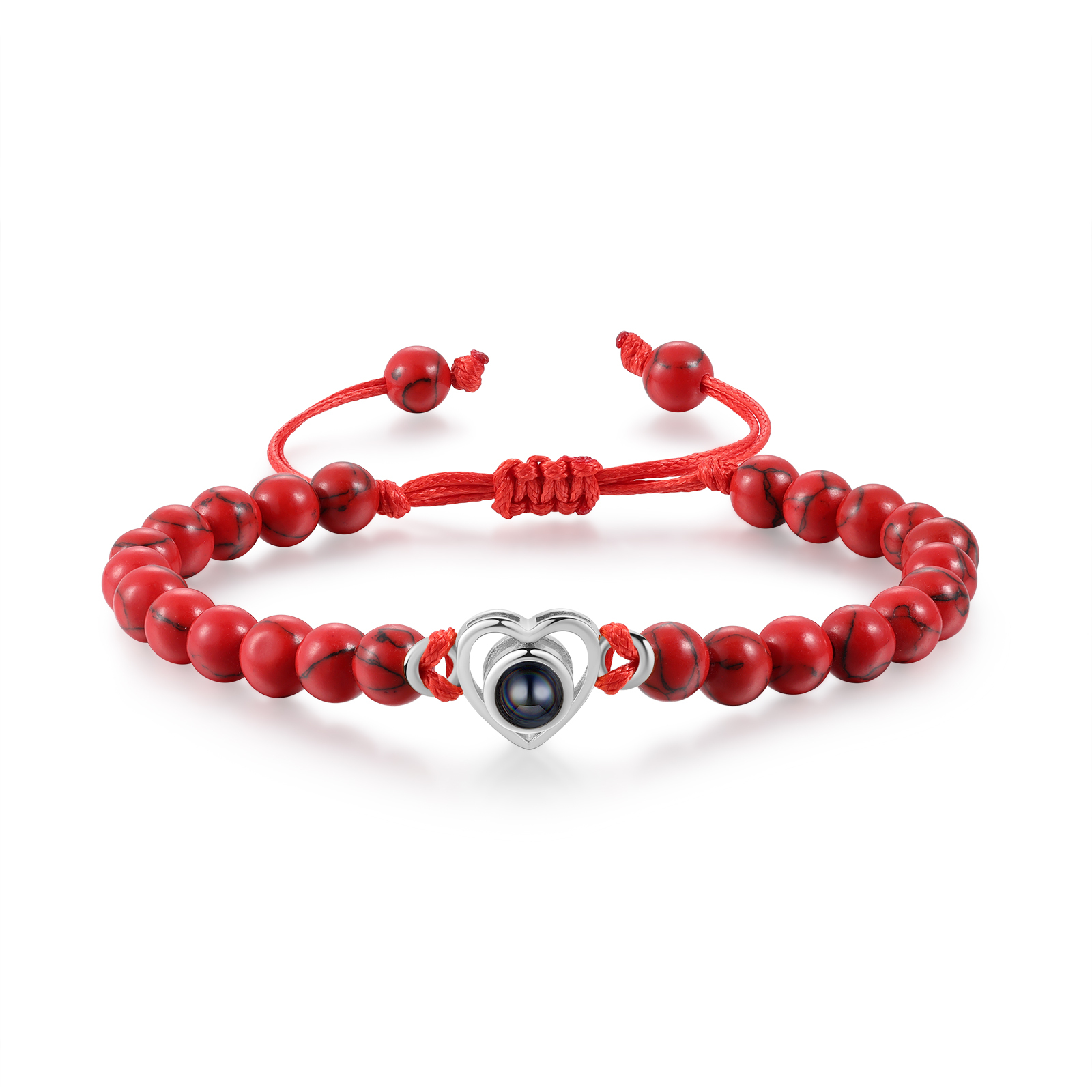 Pulsera de turquesa roja sintética con proyección de foto en color con dije de corazón pulsera ajustable-Jessemade ES