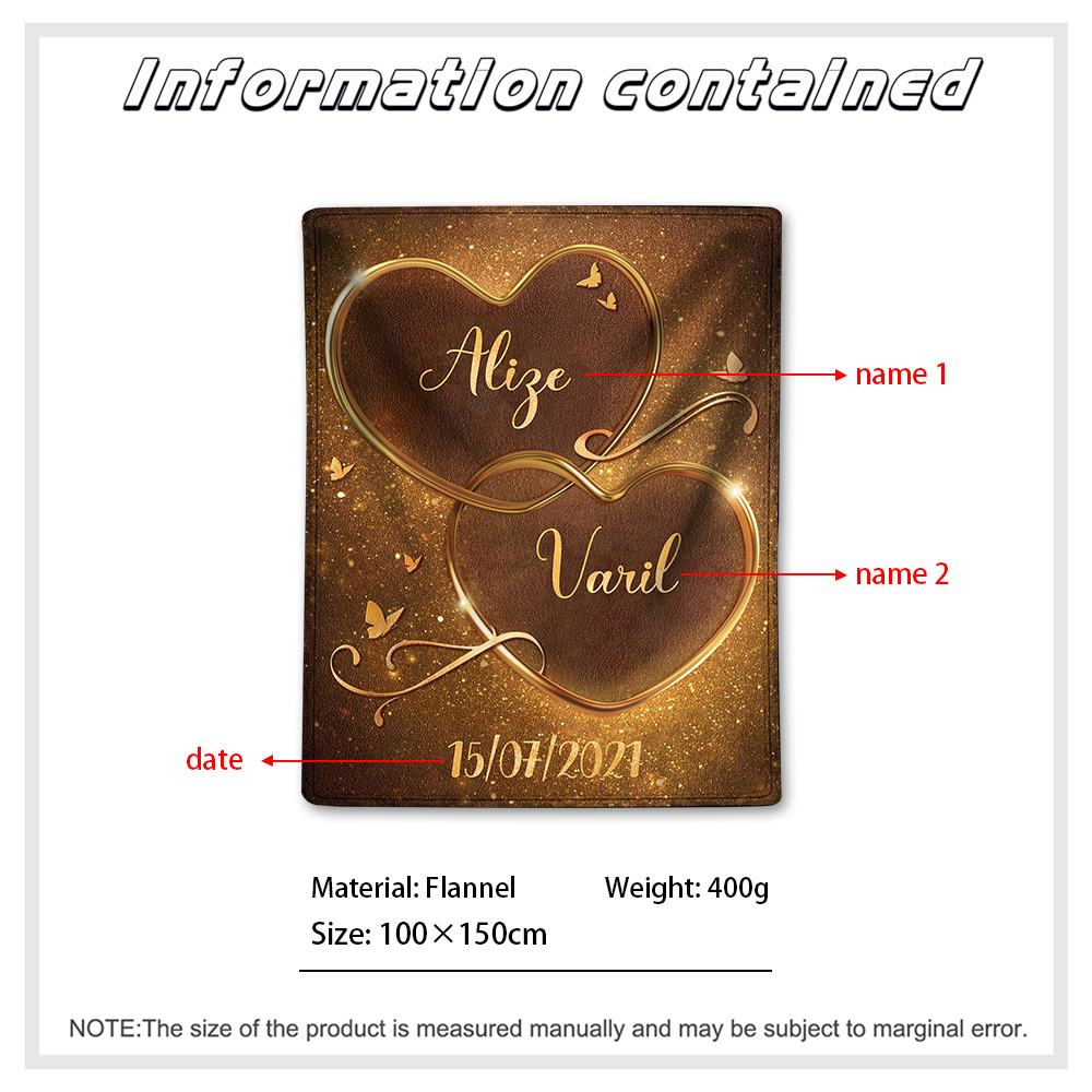 Pareja-Manta de buen calidad de corazón con corazón personalizada con nombres y fecha-Jessemade ES