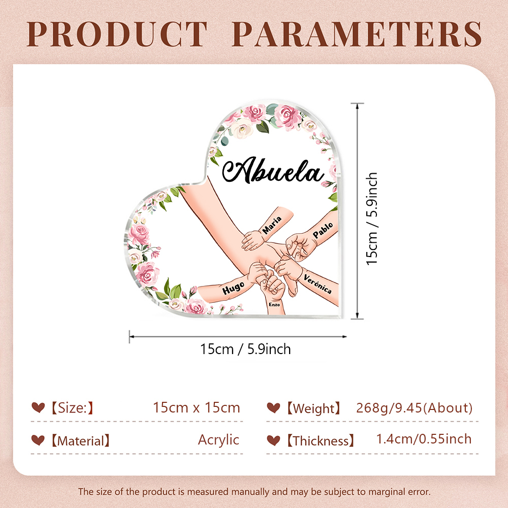 A mi mamá/abuela-Placa de acrílico en forma de corazón mano a mano con 1 texto y 5 nombres personalizados | Jessemade