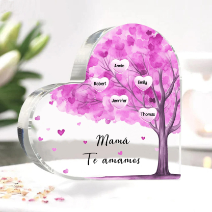 A mi mamá/abuela-Placa de acrílico "Árbol" en forma de corazón 5 nombres y 1 texto personalizados-Jessemade ES