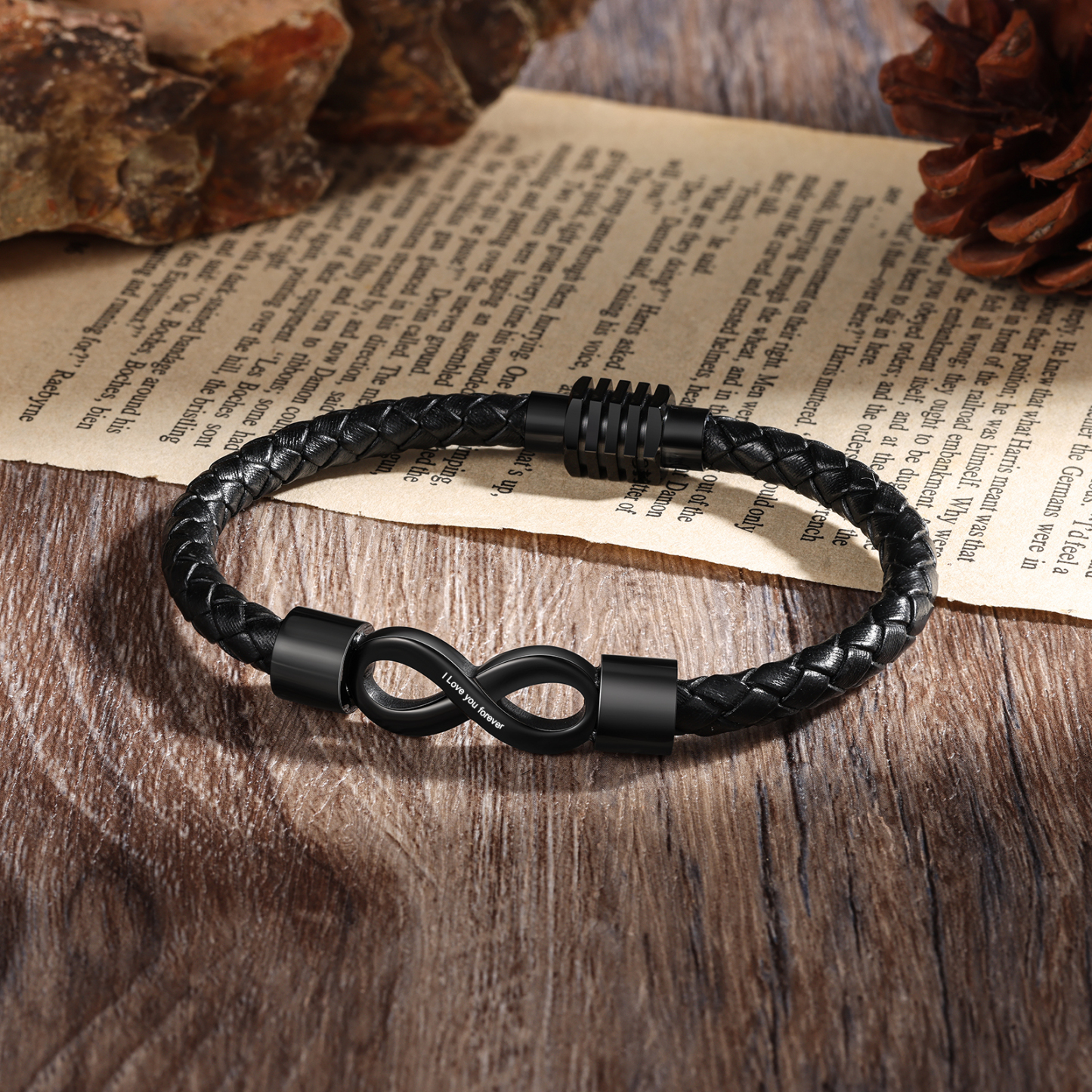Pulsera de cuero con nudo infinito 1 texto personalizado-Jessemade ES