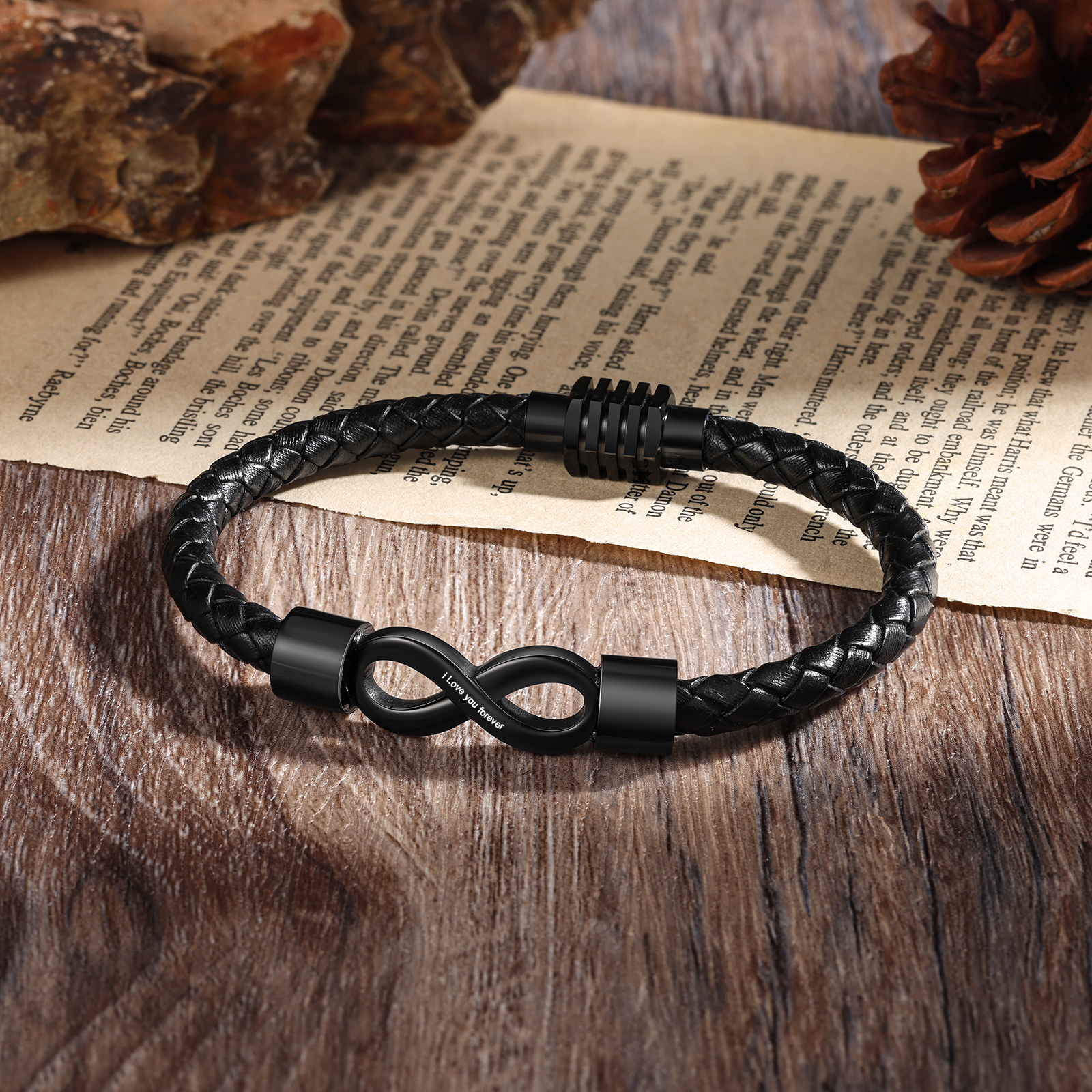 Pulsera de cuero con nudo infinito 1 texto personalizado-Jessemade ES