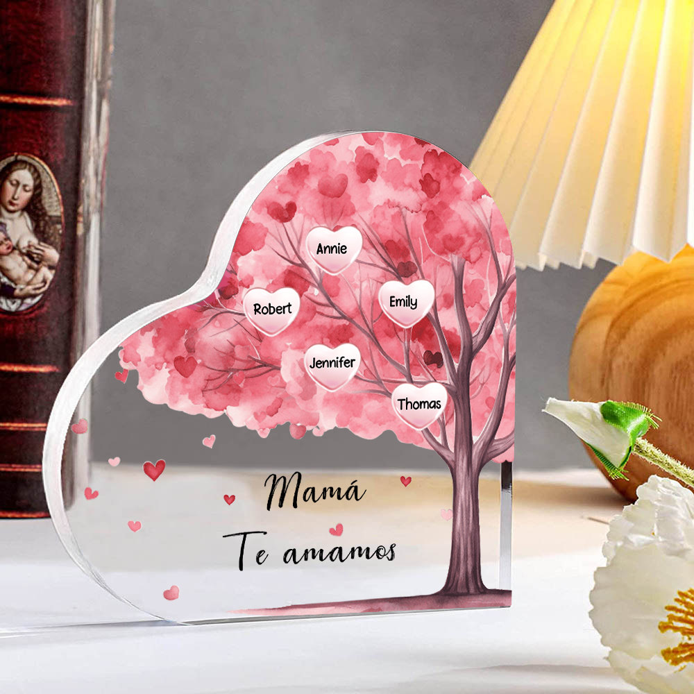 A mi mamá/abuela-Placa de acrílico "Árbol" en forma de corazón 5 nombres y 1 texto personalizados-Jessemade ES
