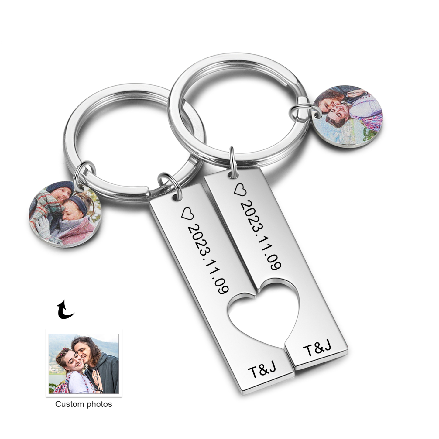 Llavero para pareja corazón encajado 2 letras personalizadas con fecha dije de foto-Jessemade ES