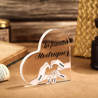 Placa de acrílico en forma de corazón mano a mano con 1 texto y 6 nombres personalizados-Jessemade ES