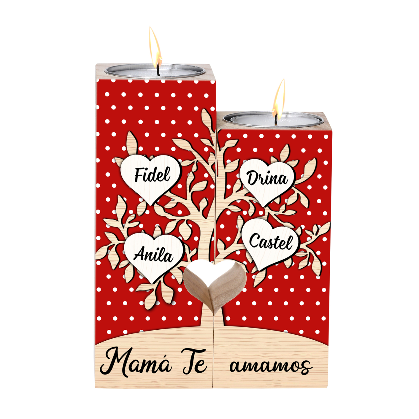 A la familia-Candelero de árbol de la vida de madera personalizado con 3-8 nombres y 1 texto sin vela-Jessemade ES