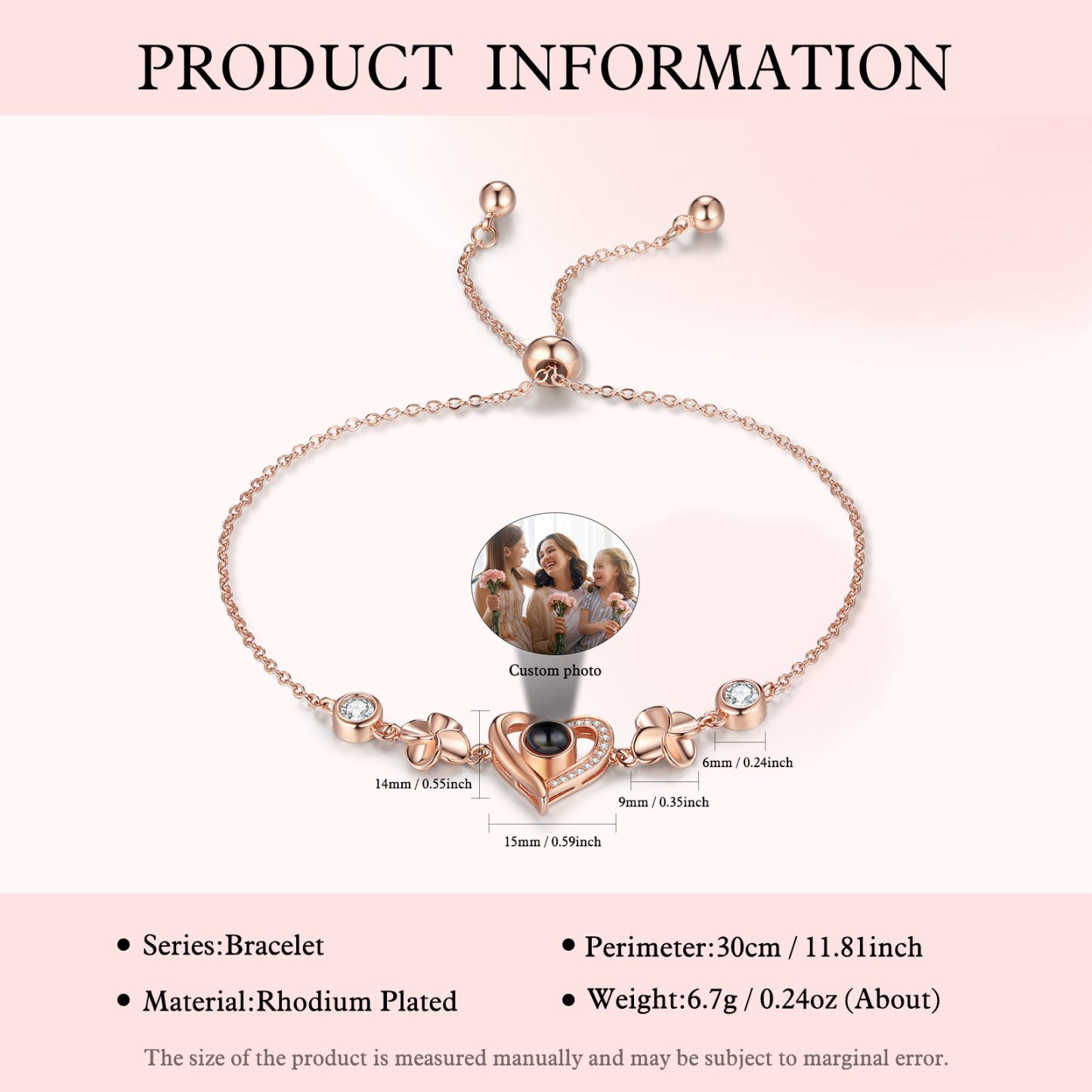Pulsera de corazón con proyección de foto en color para mujer Brazalete de proyección-Jessemade ES
