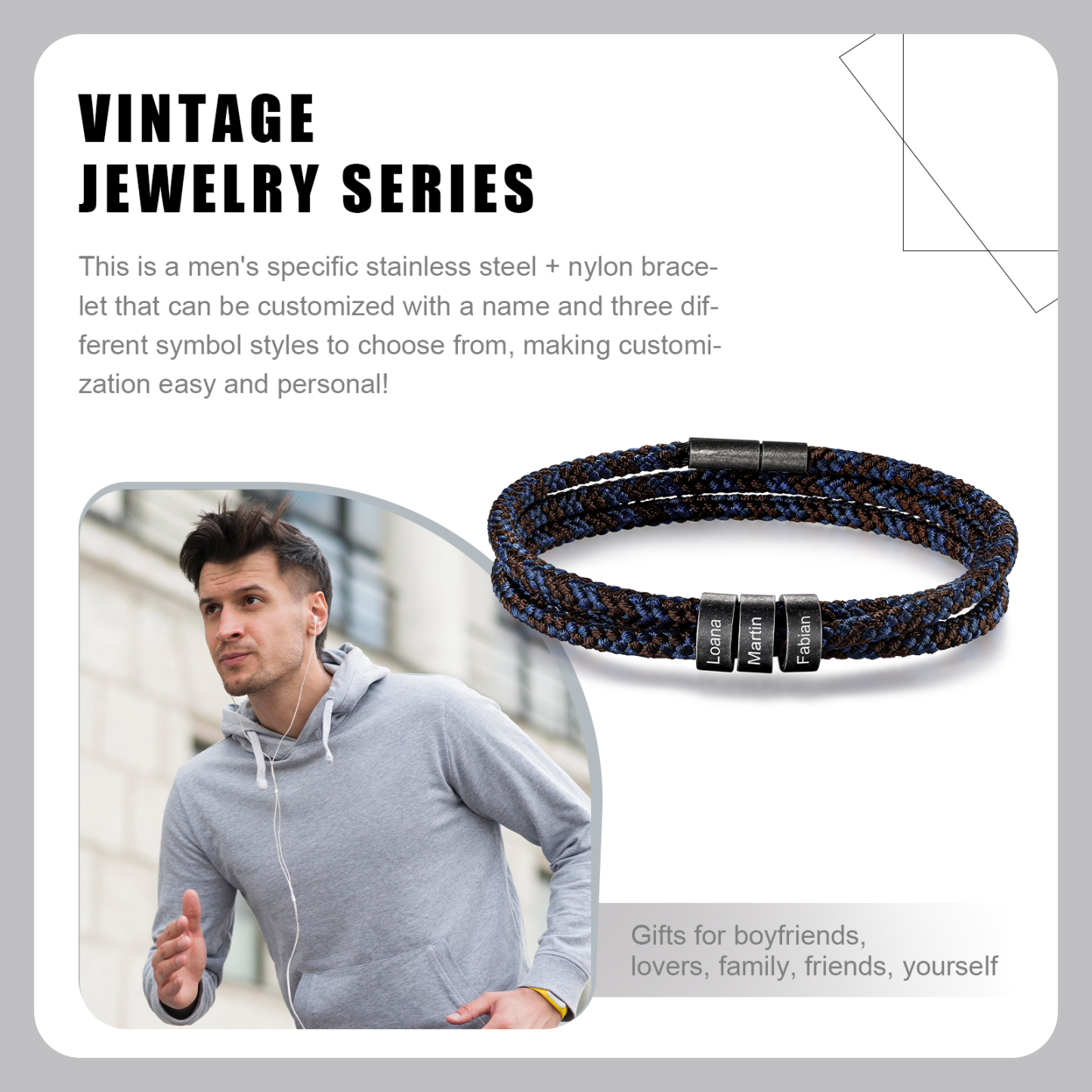 Pulsera de triple cuerda azul y marrón con 3 aros 3 nombres personalizados pulsera de hombre -Jessemade ES