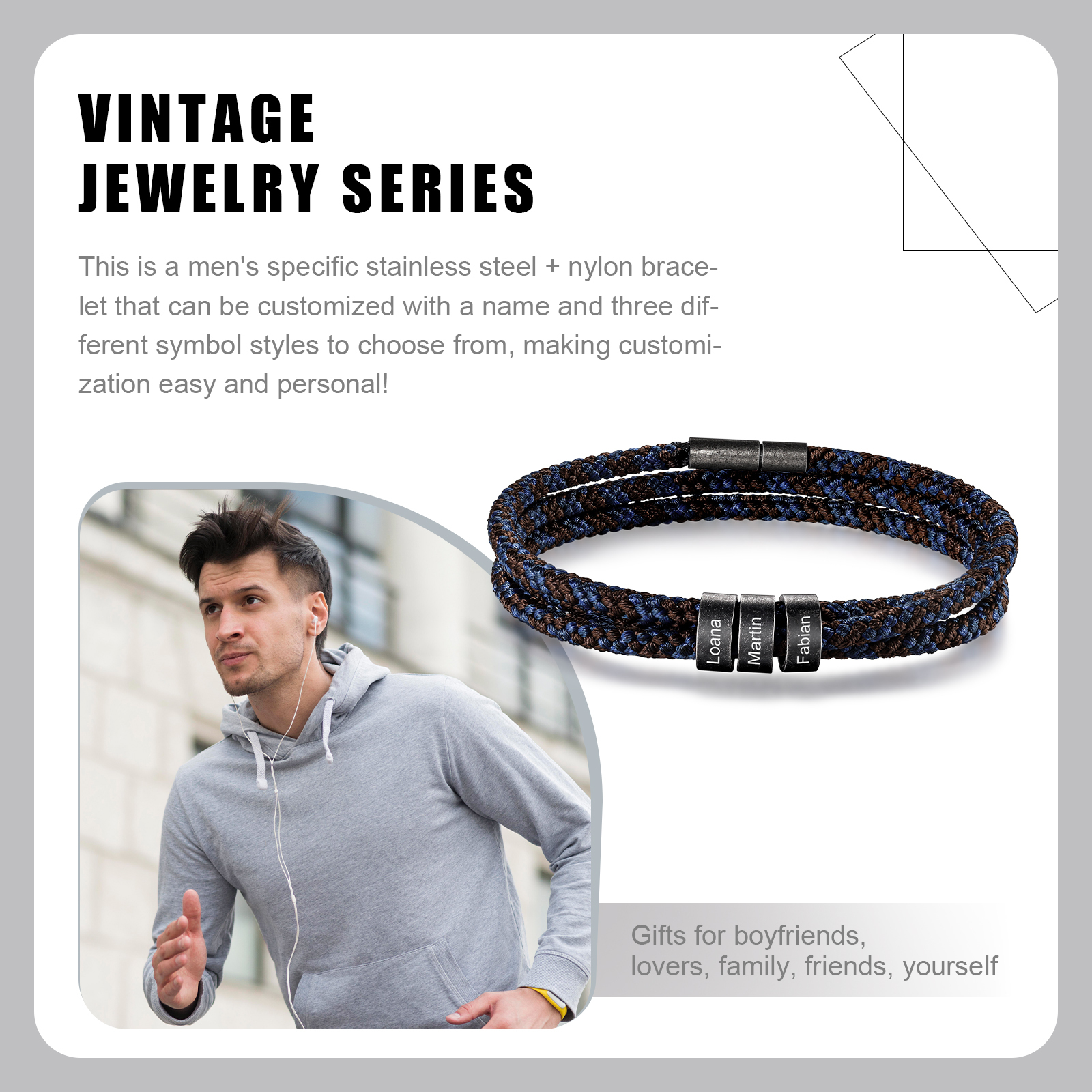 Pulsera de triple cuerda azul y marrón con 3 aros 3 nombres personalizados pulsera de hombre -Jessemade ES