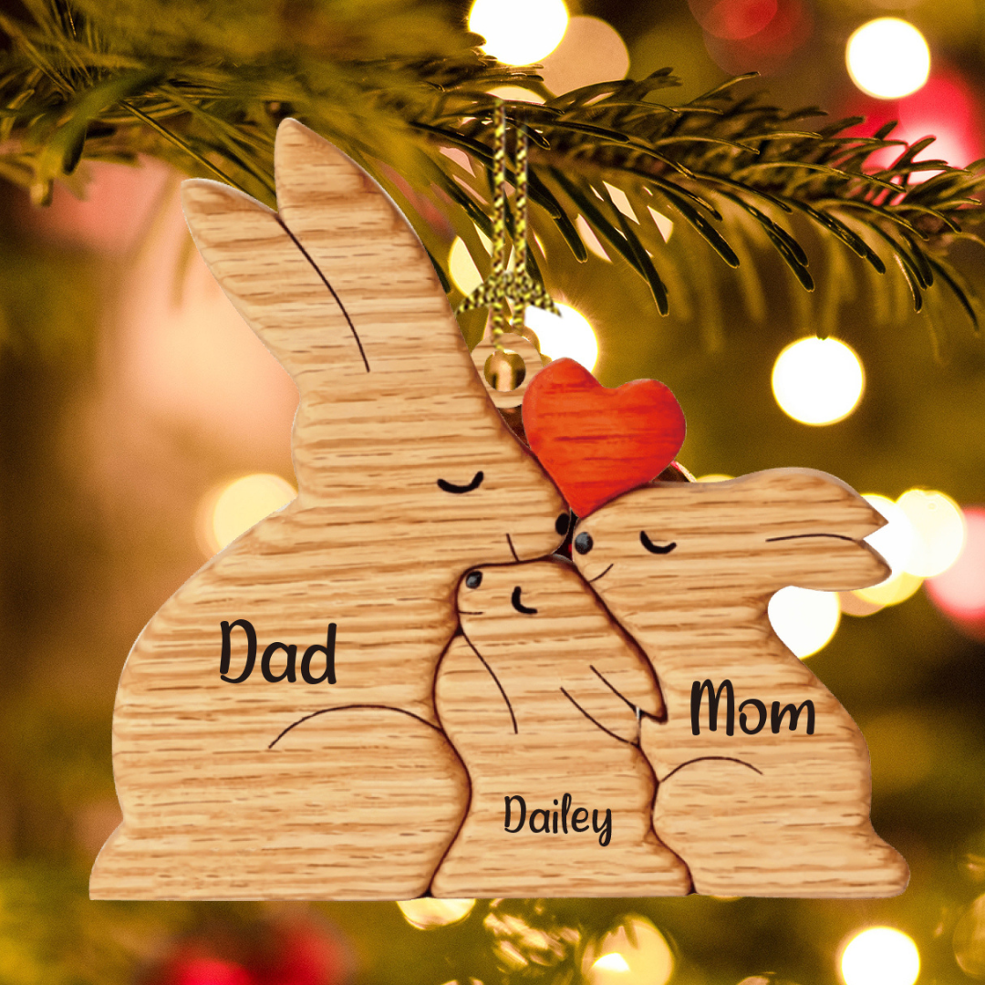 Navidad-Ornamento muñecos navideño de madera familia de conejos 3 nombres personalizados adorno del árbol-Jessemade ES