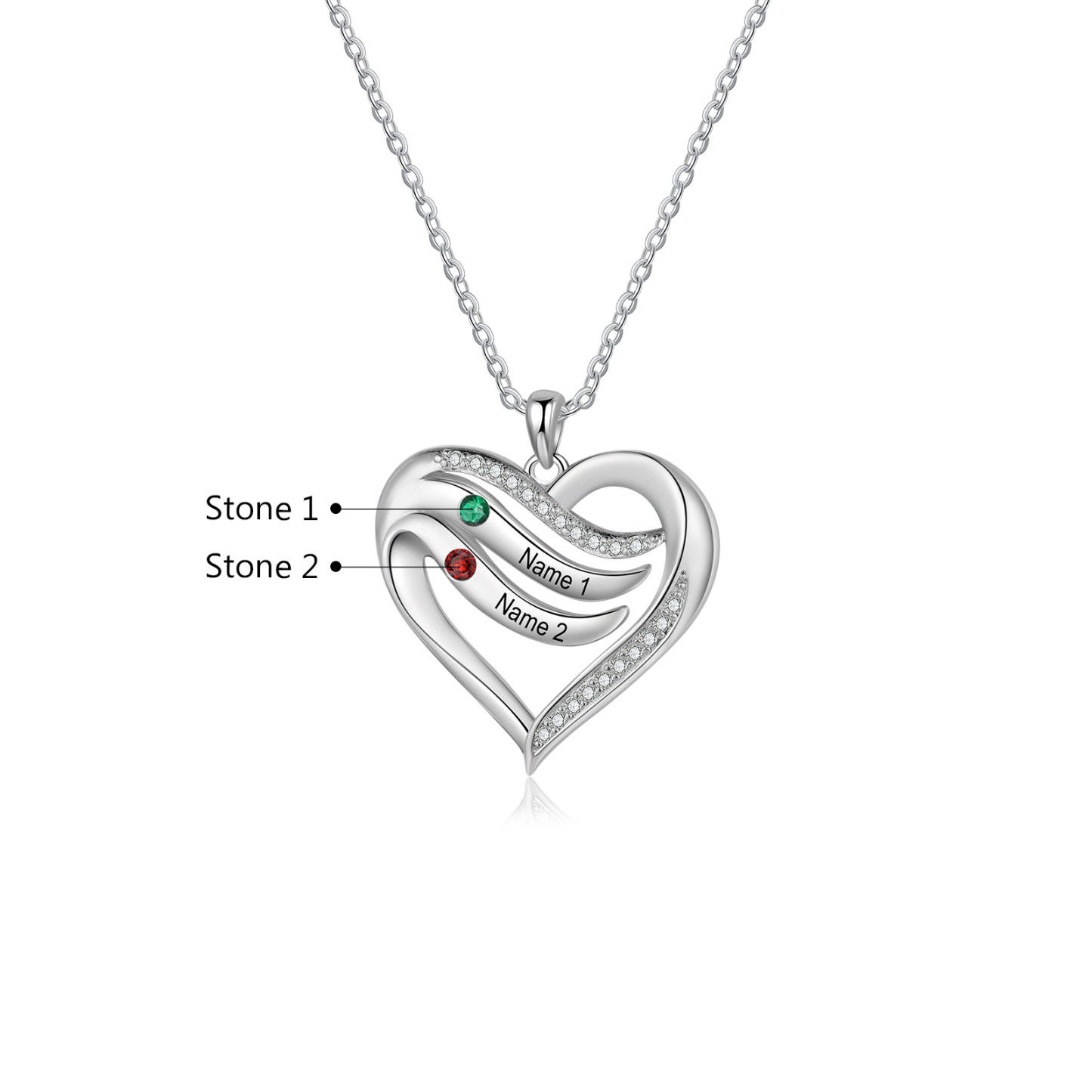 Collar de corazón de plata 925 con 2 nombres y piedras de nacimiento personalizados-Jessemade ES