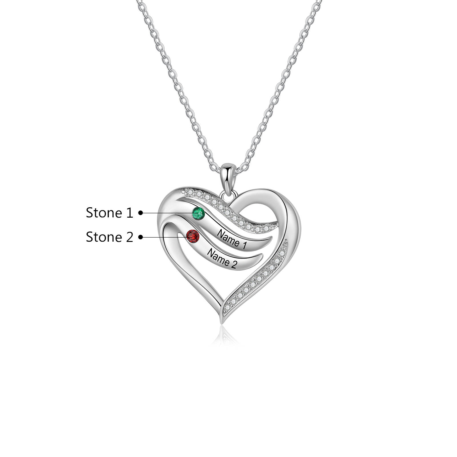 Collar de corazón de plata 925 con 2 nombres y piedras de nacimiento personalizados-Jessemade ES