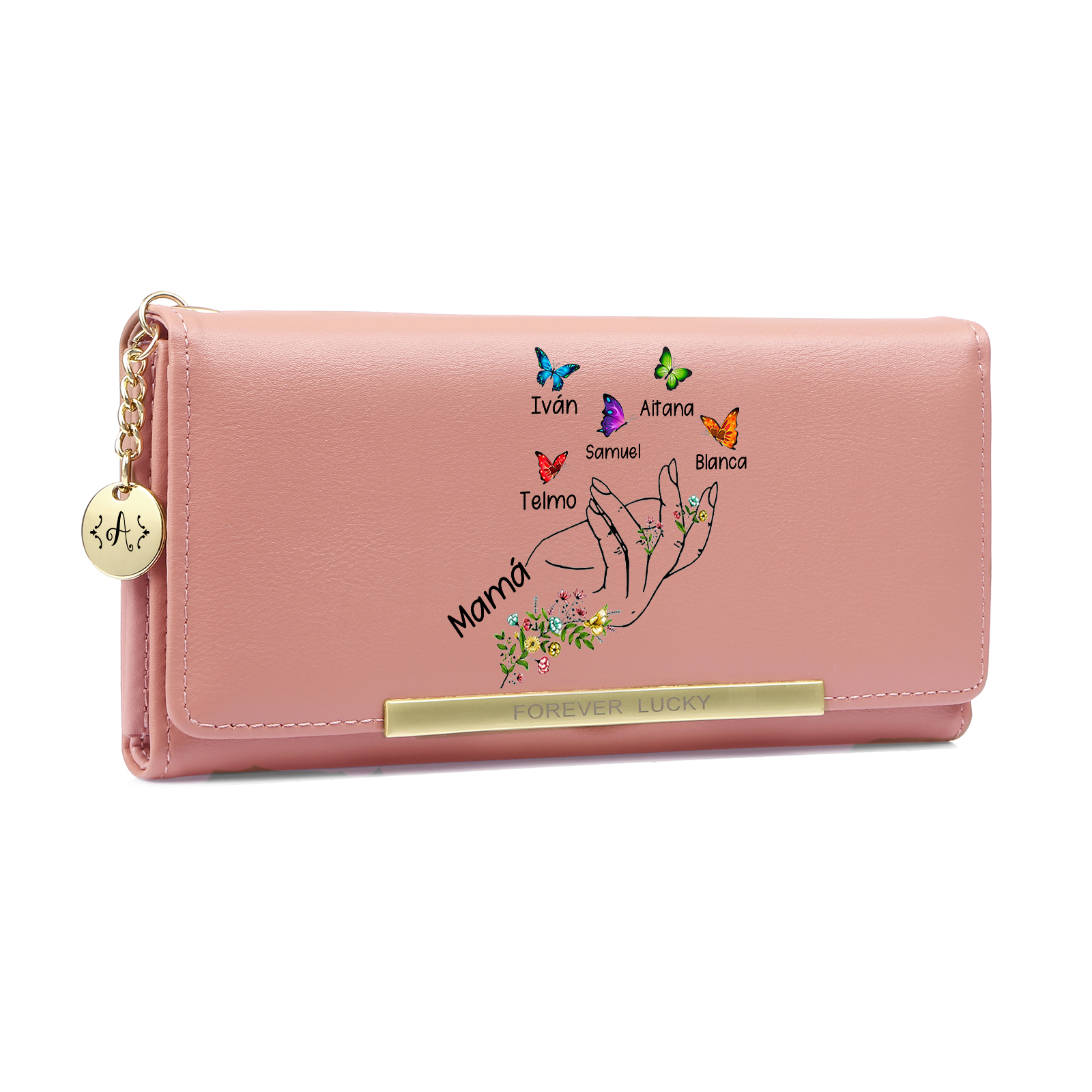 Cartera de mujer personalizada con motivo floral y de mariposas, diseñada con 2 a 8 nombres de pila