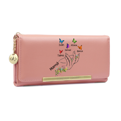 Cartera de mujer personalizada con motivo floral y de mariposas, diseñada con 2 a 8 nombres de pila