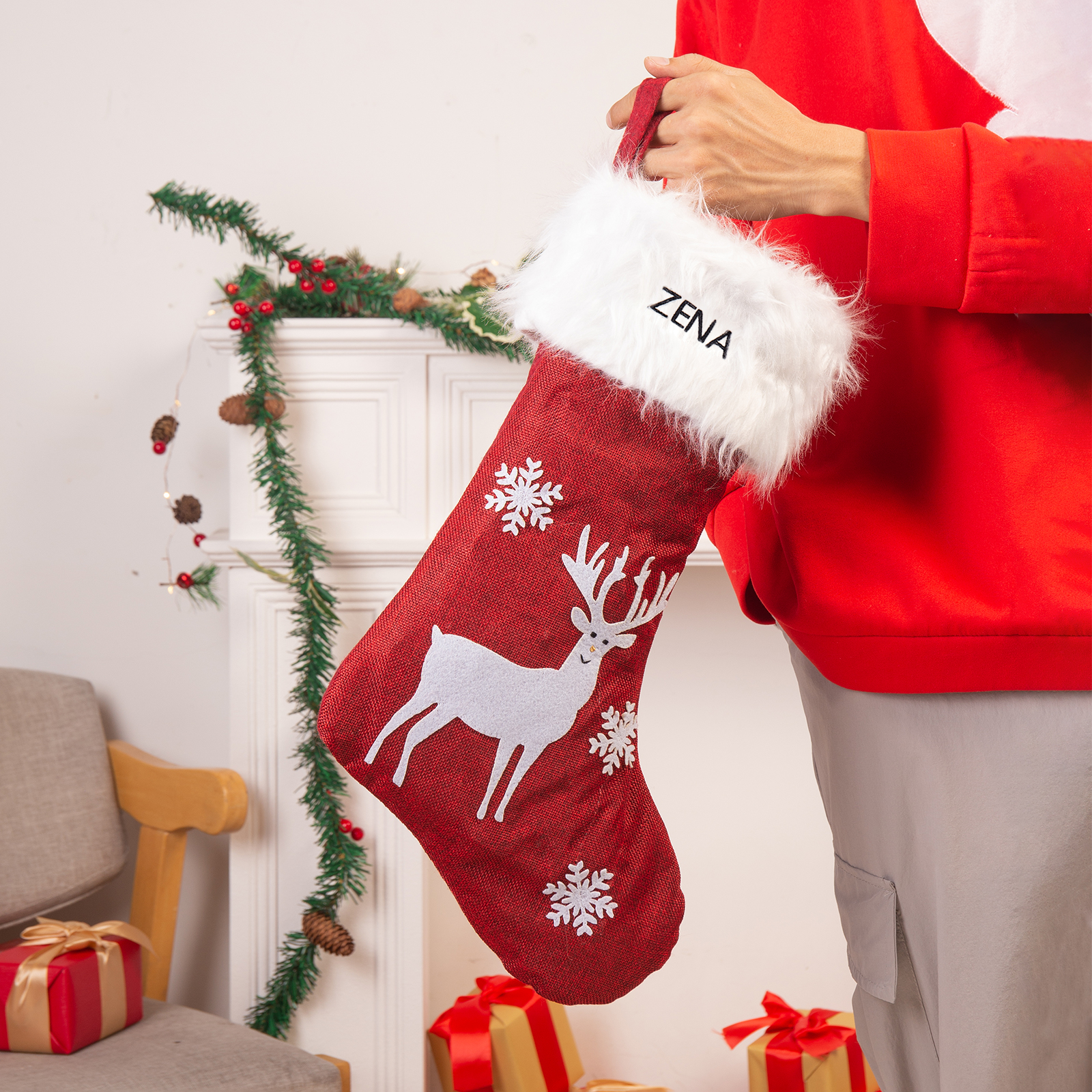 Adornos de medias navideñas con muñeco Bolsa de regalo 1 Nombre personalizado-Jessemade ES