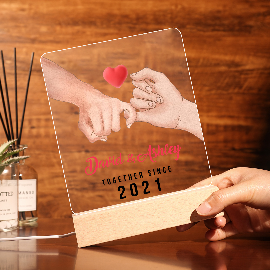 Lámpara dedos cogidos para pareja 3D Ilusión Luz de Noche LED 2 nombres, texto y año personalizados -Jessemade ES