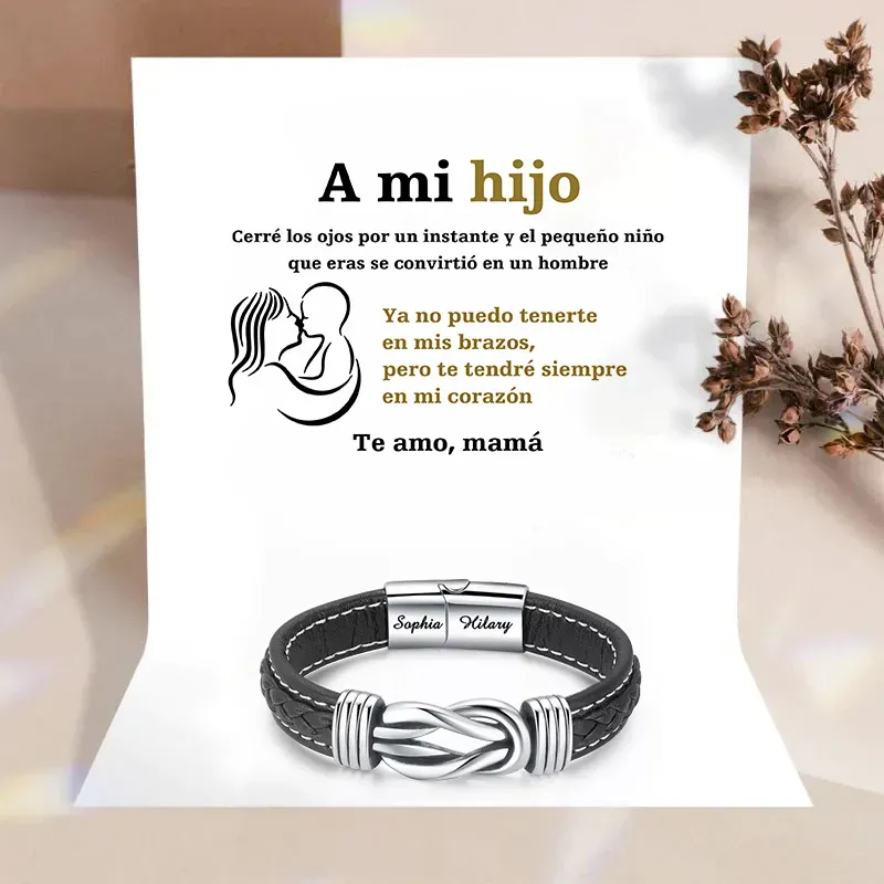 A mi hijo-Pulsera de Cuero Nudo Eterno de Acero Inoxidable con 2 Nombres Personalizados