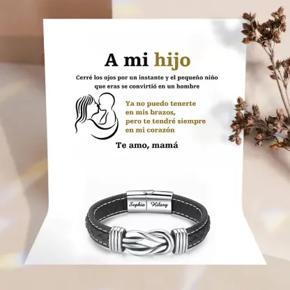 A mi hijo-Pulsera de Cuero Nudo Eterno de Acero Inoxidable con 2 Nombres Personalizados