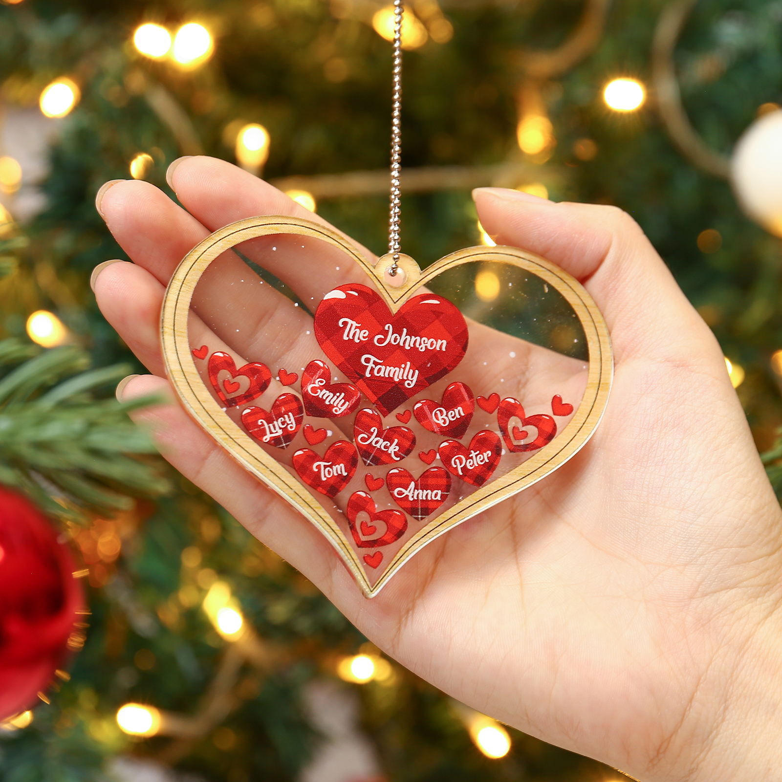 Navidad-Ornamento navideño de acrílico corazones con 7 nombres y 1 texto personalizados