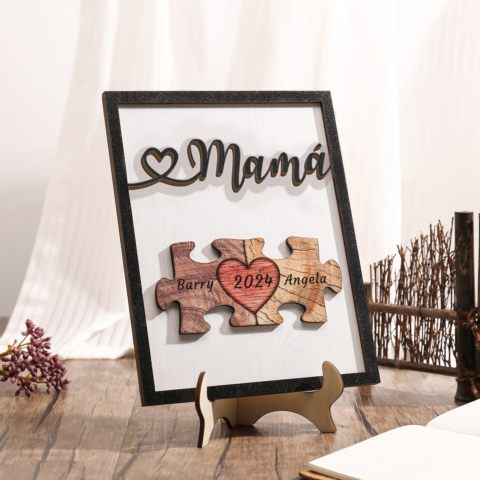 A mi mamá-Adorno 2-6 nombres y año personalizados decoración de madera rompecabezas-Jessemade ES