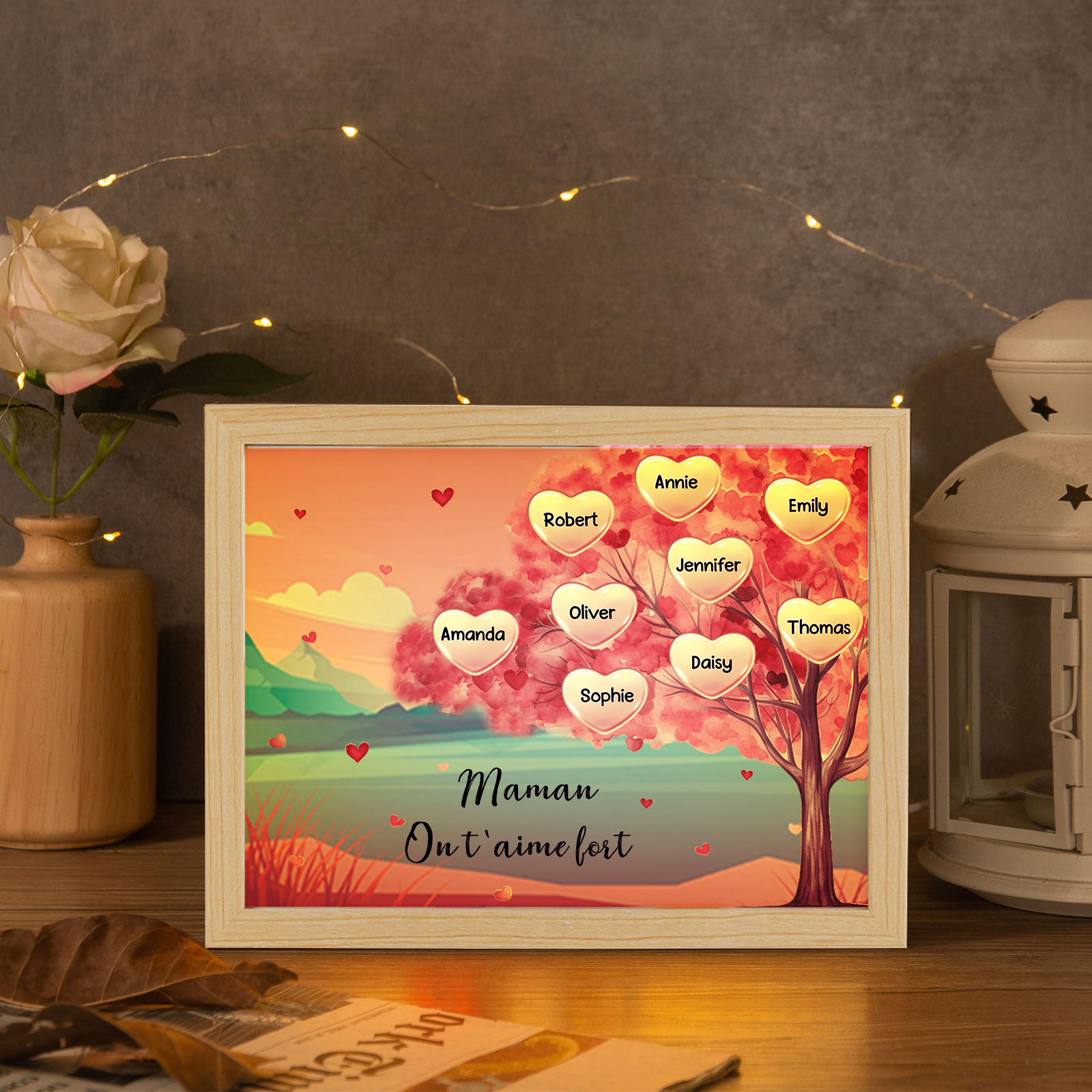 Marco con LED Árbol de la Vida 1-10 Nombres Personalizados con 1 Texto-Jessemade ES