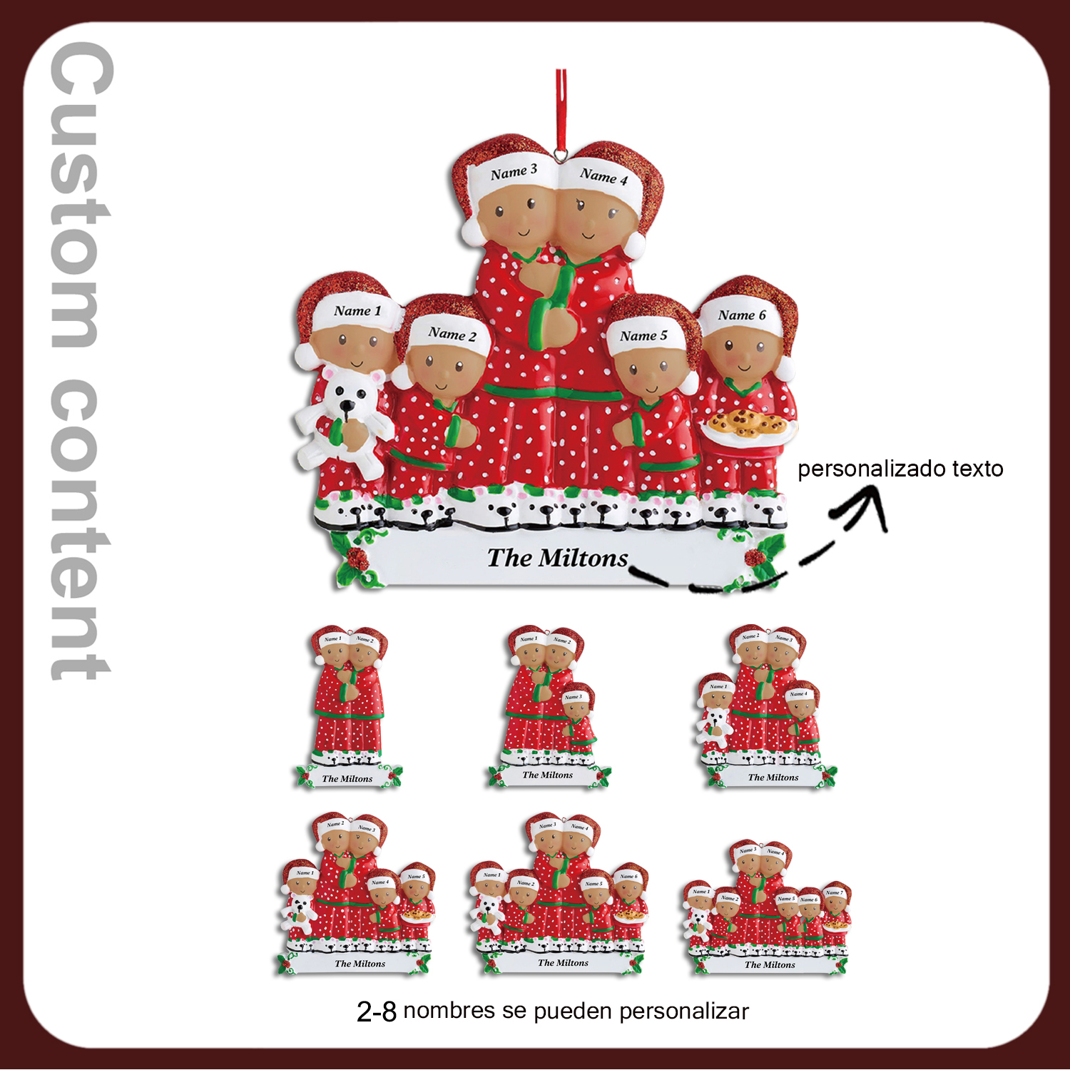 Navidad-Muñecos Piel Bronceada Ornamentos Navideños Familiar 7 Nombres con Texto Personalizados Adorno de Madera