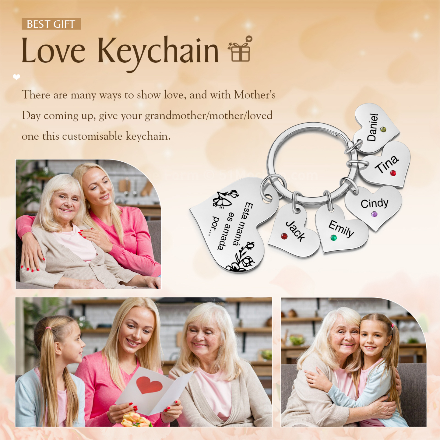 A mi mamá/abuela - Llavero con 5 nombres y piedras de nacimiento personalizados en corazones con texto-Jessemade ES