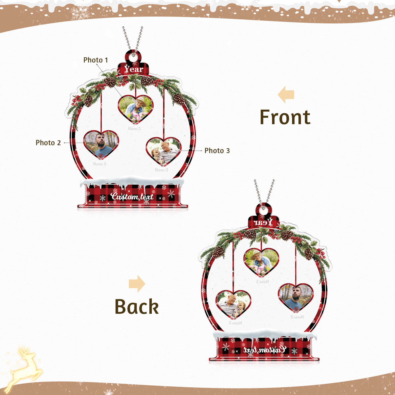 Navidad-Ornamento navideño de acrílico bola de cristal con 3 nombres, 3 fotos y 1 texto personalizados-Jessemade ES
