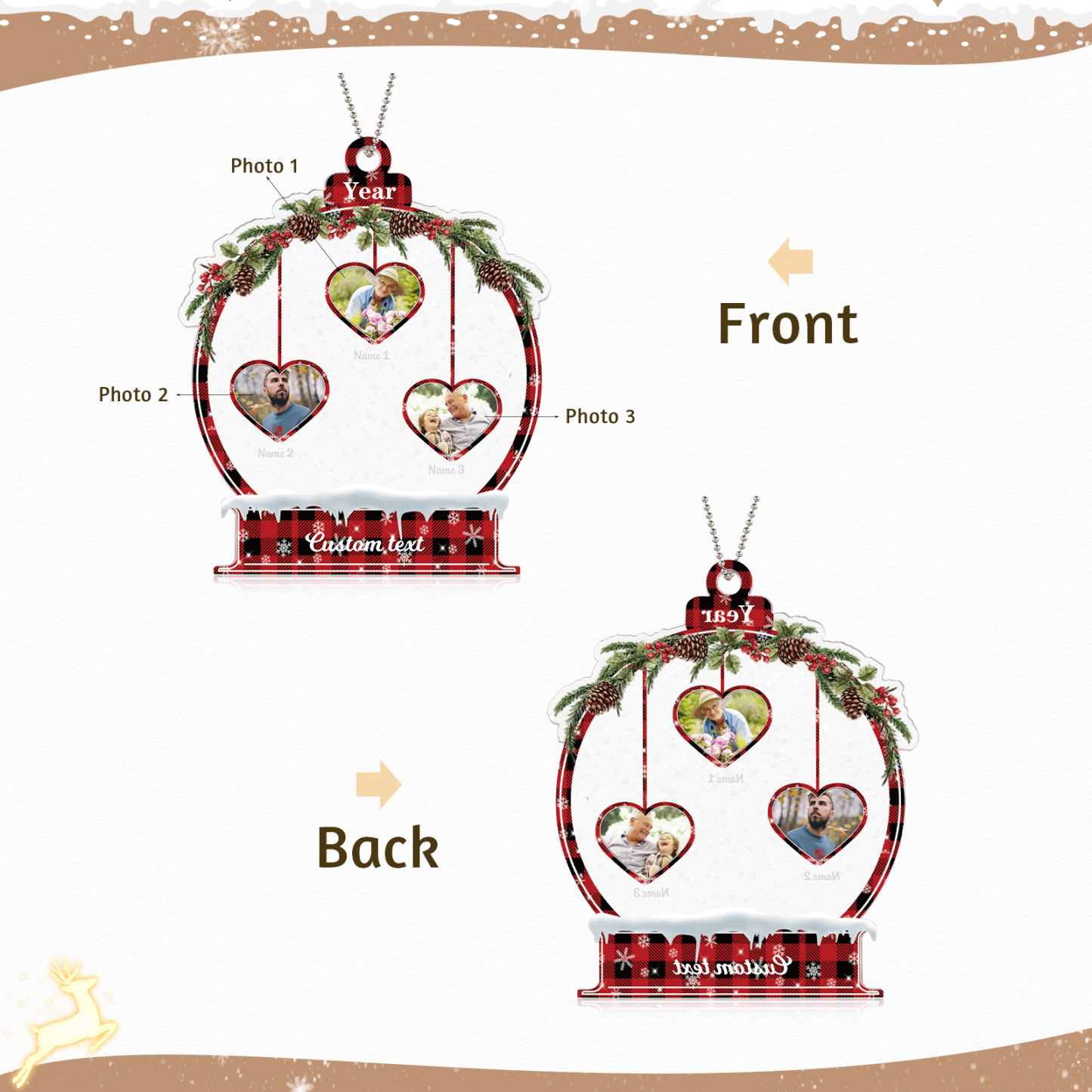 Navidad-Ornamento navideño de acrílico bola de cristal con 3 nombres, 3 fotos y 1 texto personalizados-Jessemade ES