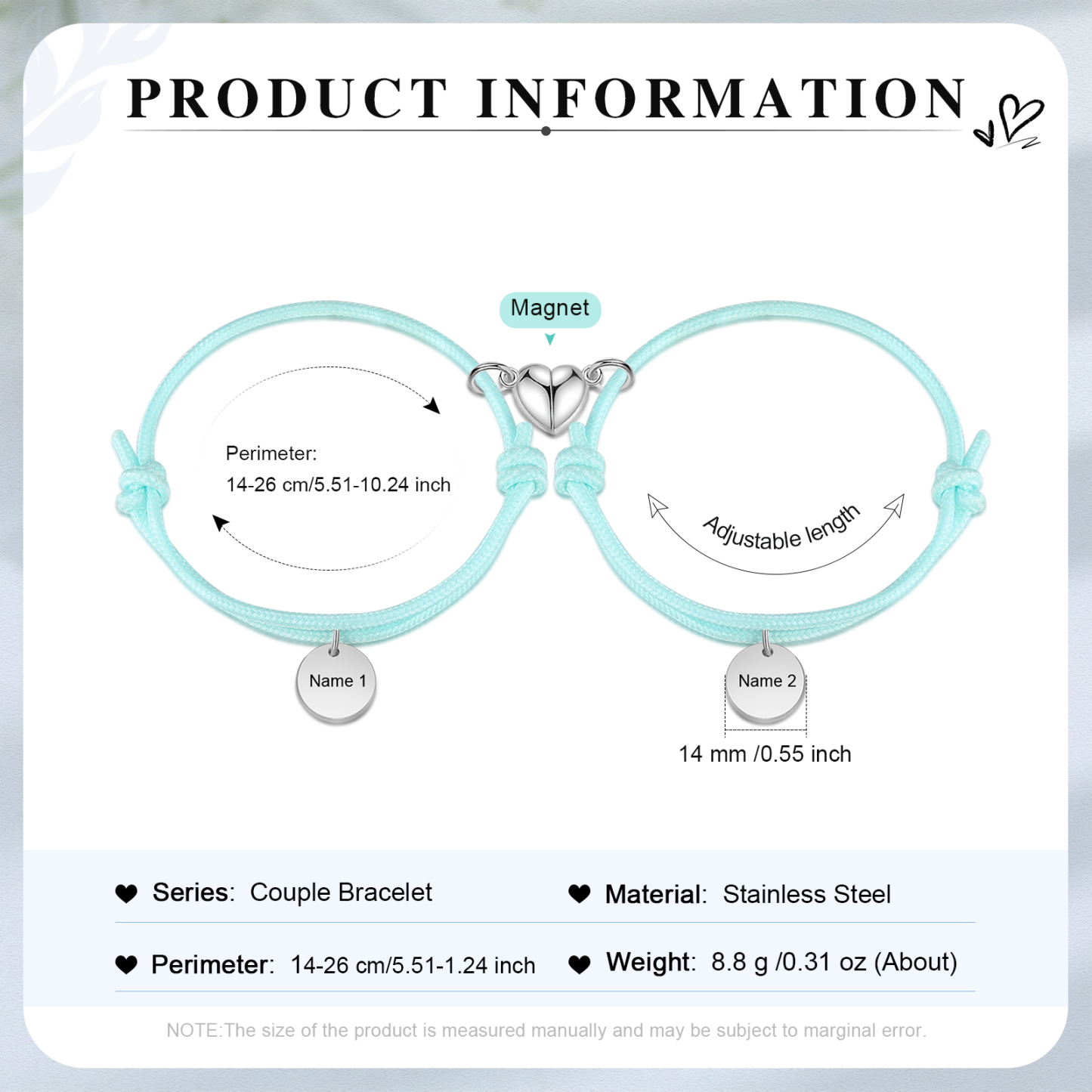 Pulseras de cuerda luminosa personalizadas para pareja con dije de corazón magnético grabado de dos nombres-Jessemade ES
