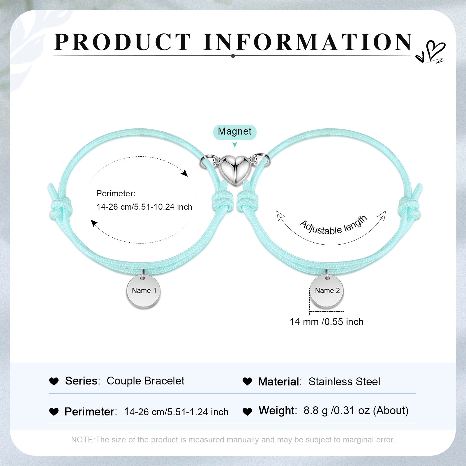 Pulseras de cuerda luminosa personalizadas para pareja con dije de corazón magnético grabado de dos nombres-Jessemade ES