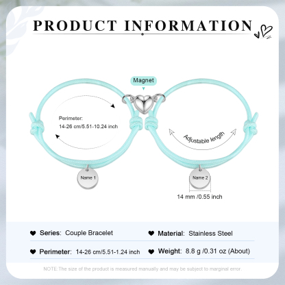 Pulseras de cuerda luminosa personalizadas para pareja con dije de corazón magnético grabado de dos nombres-Jessemade ES