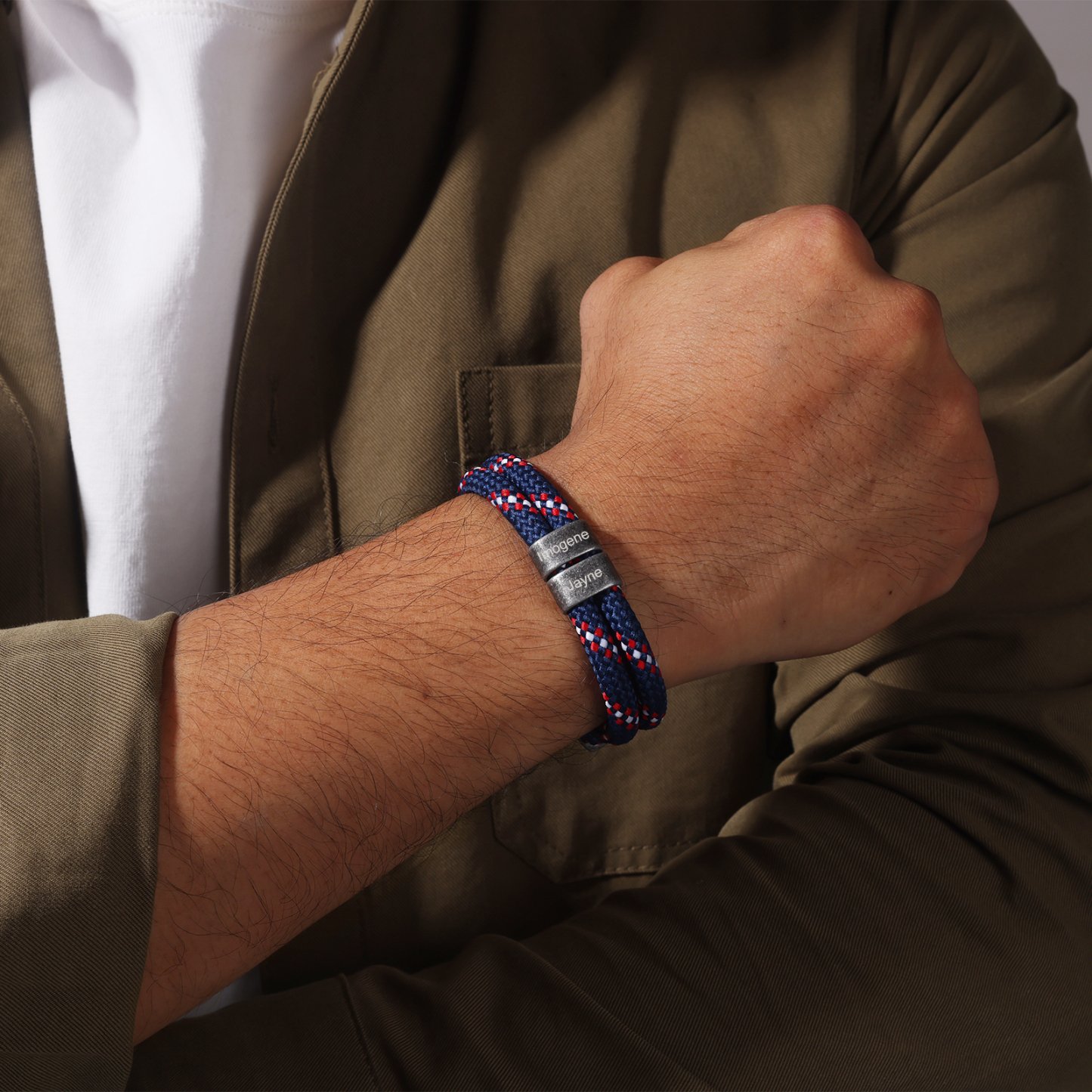 2-4 Nombres Personalizados Pulsera de Cuerda Azul Marino con Rojo y Blanco Aros de Acero Inoxidable-Jessemade ES