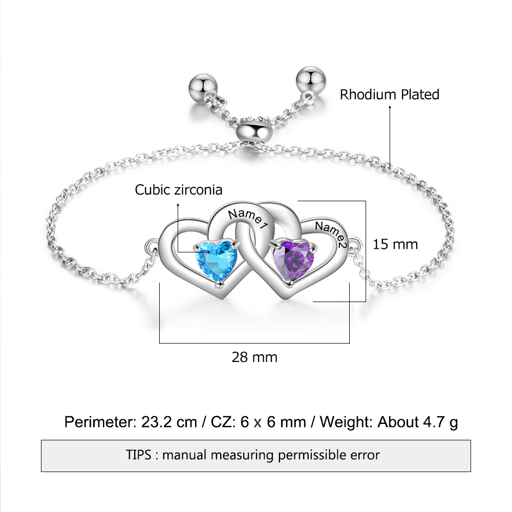 Pulsera de corazones ajustable 2 nombres y 2 piedras de nacimiento personalizados