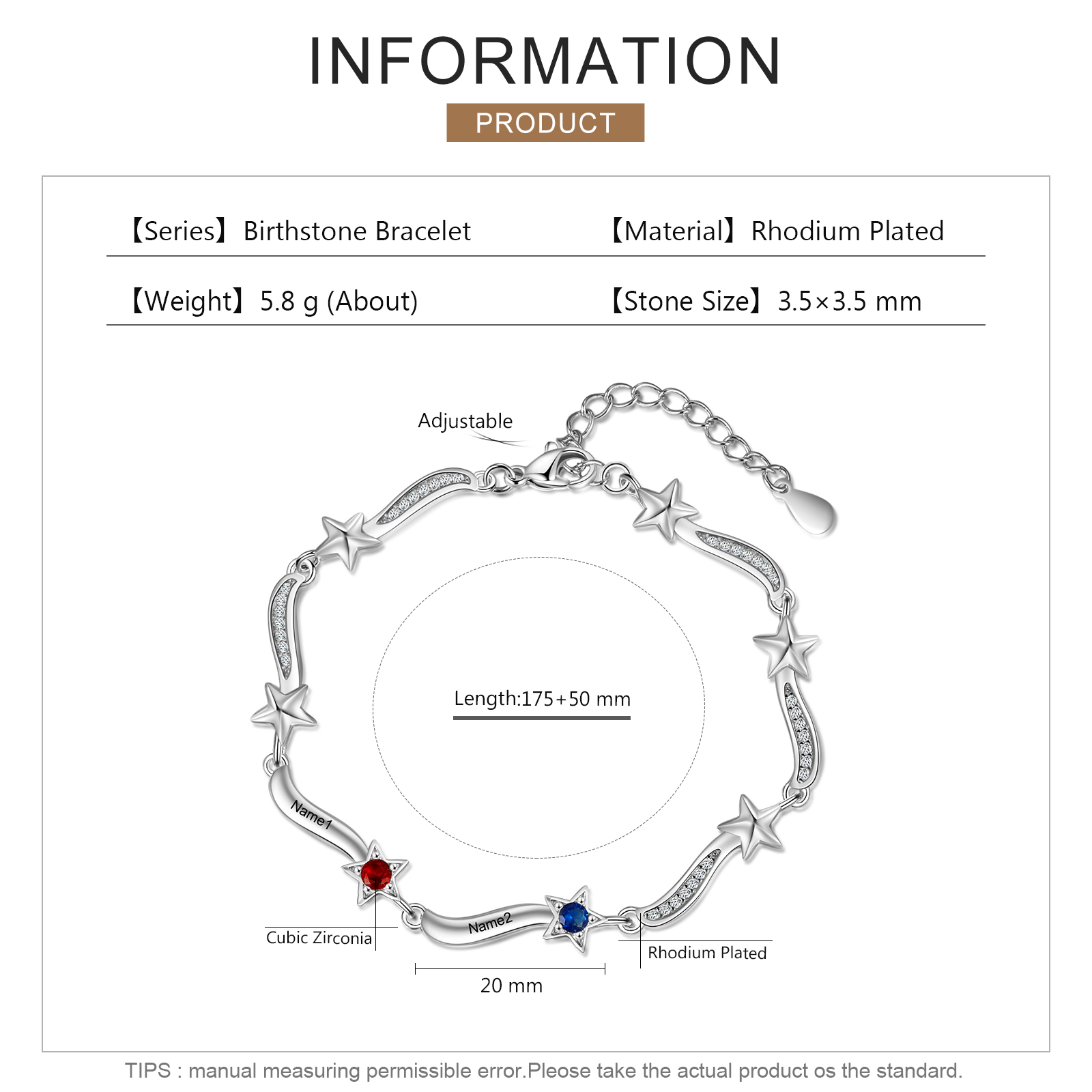 Pulsera Brazalete personalizada de 2 nombres y estrellas con 2 piedras de nacimiento-Jessemade ES