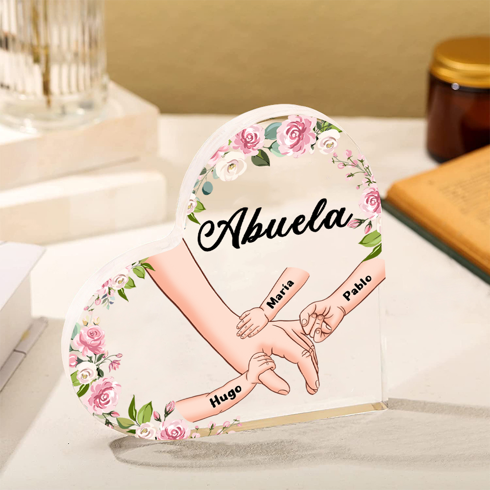 A mi mamá/abuela-Placa de acrílico en forma de corazón mano a mano con 1 texto y 3 nombres personalizados | Jessemade